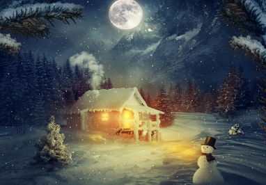 Image of a winter cottage in a forest with lights on, surrounded by trees, smoke coming out of the chimney, and a snowman outside.