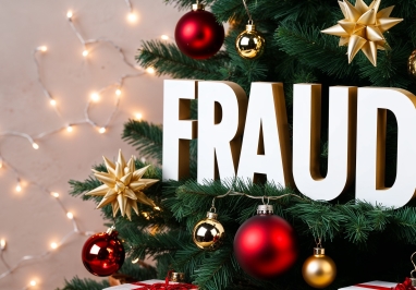 Image of a decorated Christmas tree with the word "Fraud" in capital letters sitting on the branches.